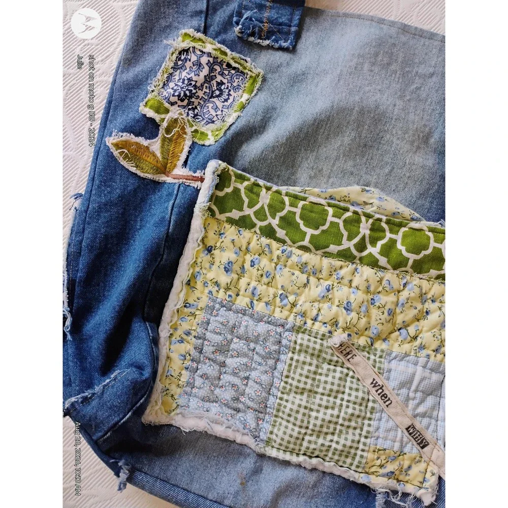 Denim Oversized Tote Bag Patchwork Applique Shoulder Bag Reclaimed Boho Artisana